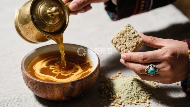 高清大图下载【趣麦麦图】手工茶艺：倒入热茶与糕点相伴