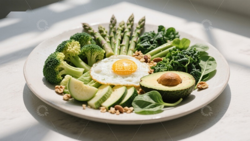 高清大图下载【趣麦麦图】健康早餐盘装蔬菜与煎蛋