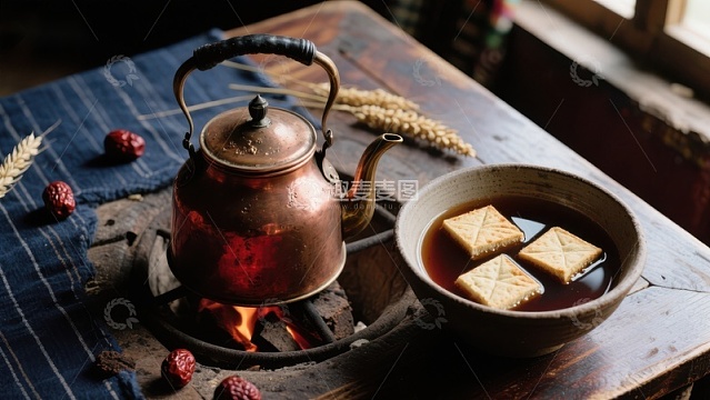 铜壶煮茶配豆腐，古朴餐桌上的温馨时光