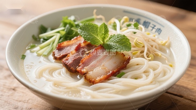 一碗美味的面条配以烤肉和蔬菜