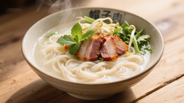 热腾腾的面条配卤肉和香菜