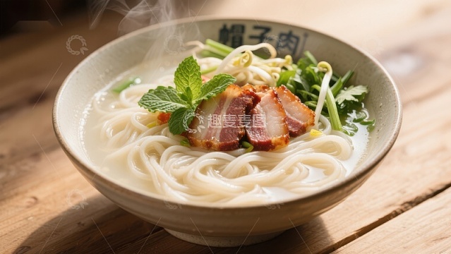 热腾腾的面条配卤肉和香菜