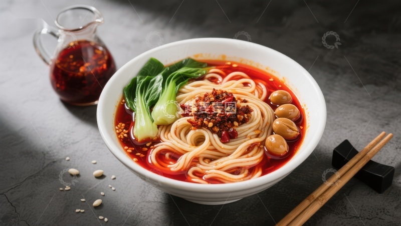 高清大图下载【趣麦麦图】麻辣面条配青菜和花生