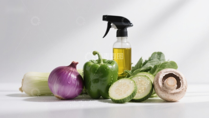 高清大图下载【趣麦麦图】新鲜蔬菜与喷雾瓶静物摆拍