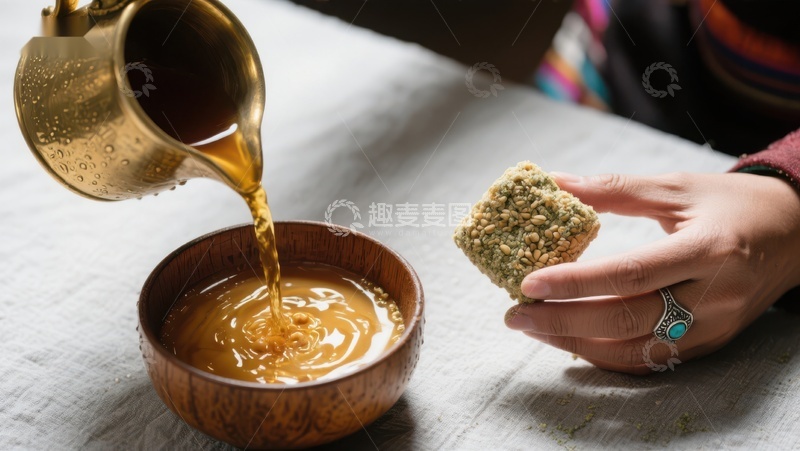 高清大图下载【趣麦麦图】热饮倒入碗中，手握糕点