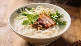 热腾腾的面条配豆芽和香菜