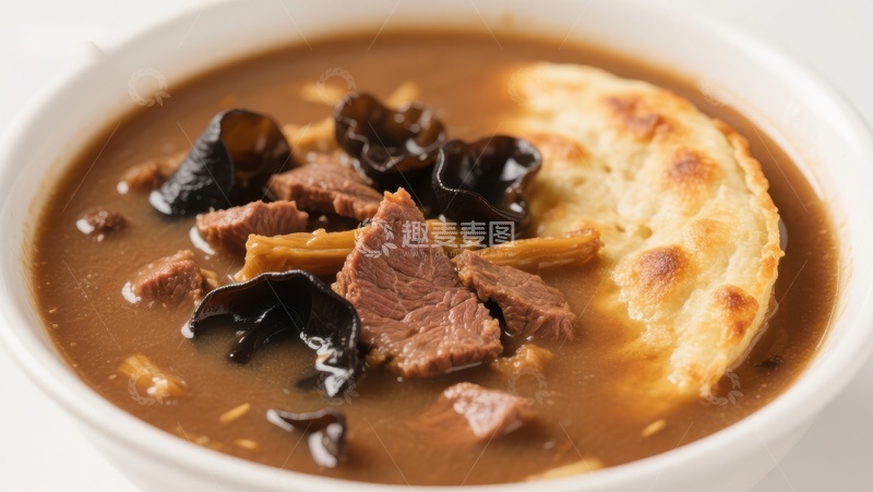 高清大图下载【趣麦麦图】牛肉炖蘑菇配酥皮面包