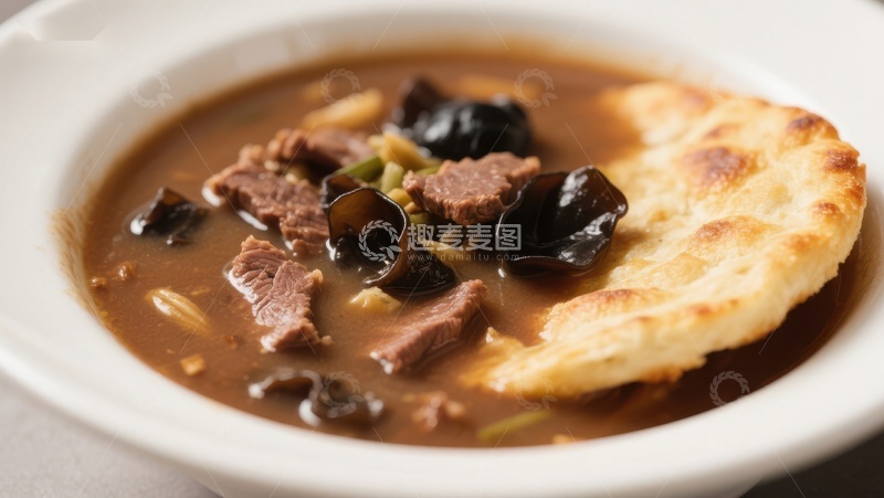 高清大图下载【趣麦麦图】牛肉蘑菇汤配烤饼
