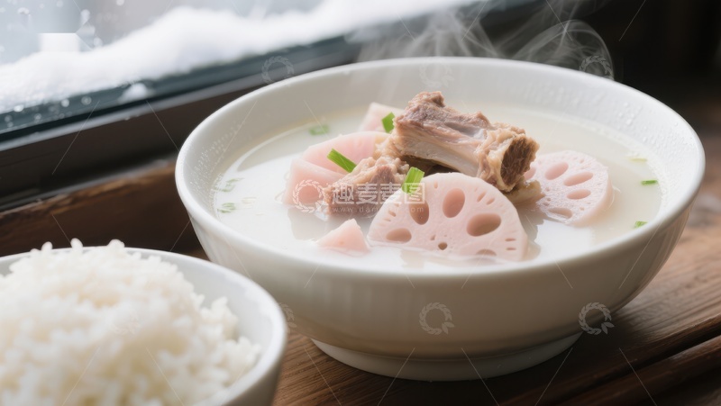 高清大图下载【趣麦麦图】莲藕排骨汤配白米饭