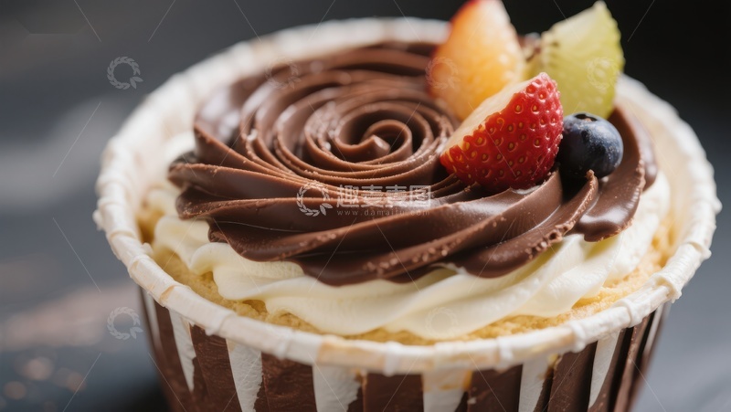 高清大图下载【趣麦麦图】巧克力奶油纸杯蛋糕配新鲜水果