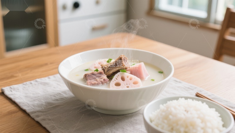 高清大图下载【趣麦麦图】莲藕排骨汤与白米饭的温馨餐桌