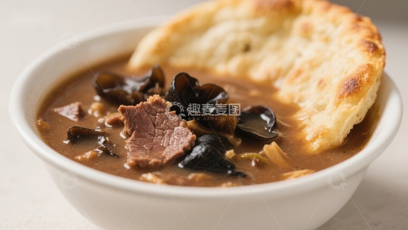 高清大图下载【趣麦麦图】牛肉蘑菇汤配酥皮面包