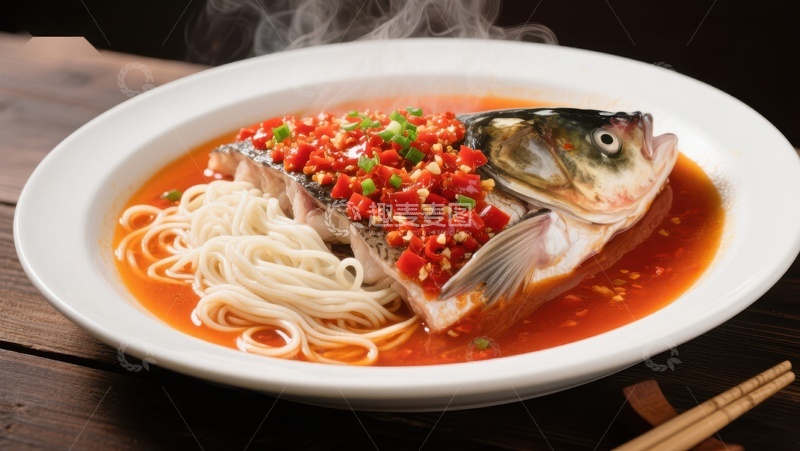 高清大图下载【趣麦麦图】香辣鱼头配面条，热气腾腾