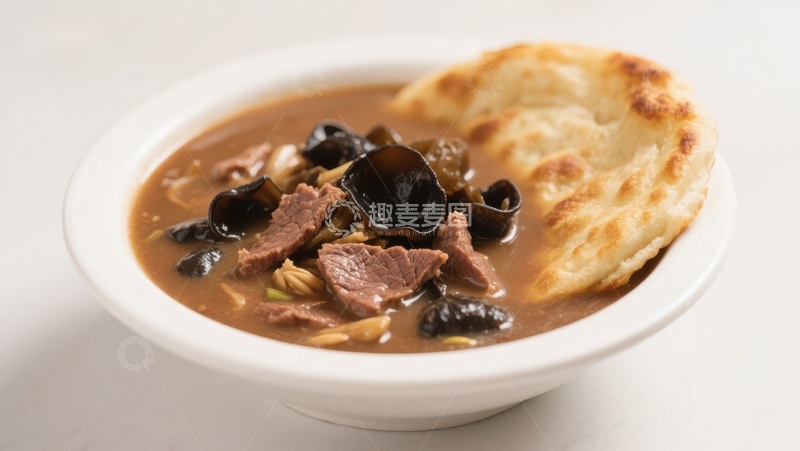 高清大图下载【趣麦麦图】牛肉蘑菇汤配烤饼