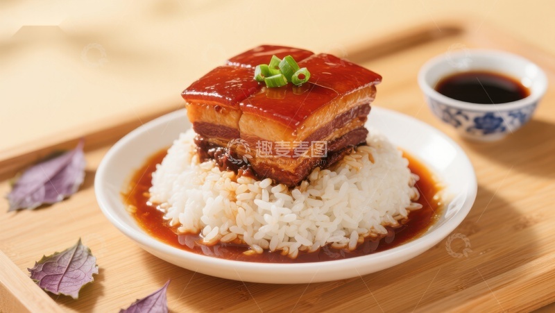 高清大图下载【趣麦麦图】红烧肉盖饭，配酱油小碟
