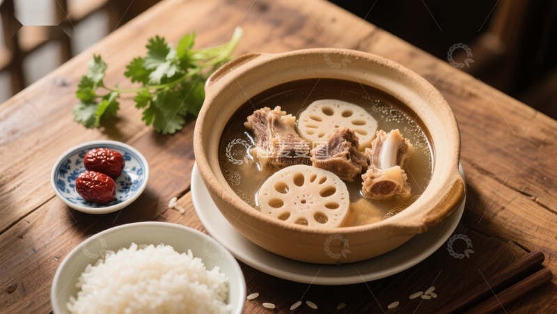 高清大图下载【趣麦麦图】莲藕排骨汤配米饭与红枣