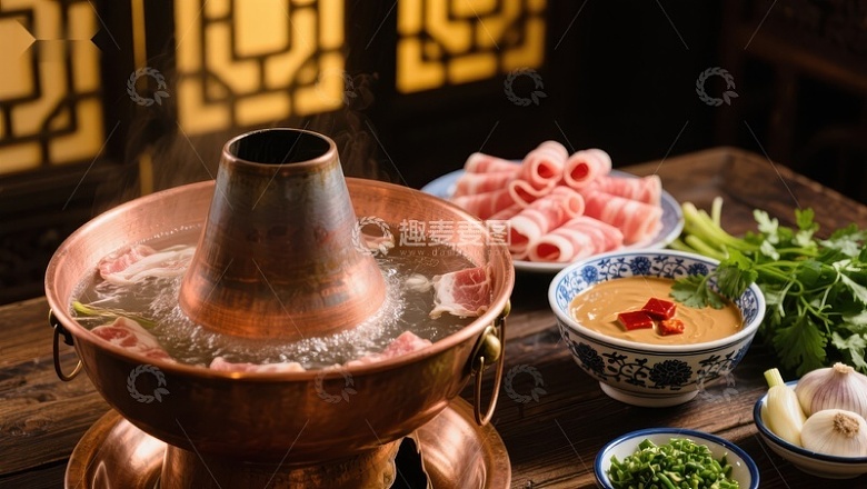 铜锅火锅配涮羊肉与蘸料