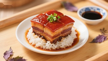 红烧肉盖饭，配以酱油小碟