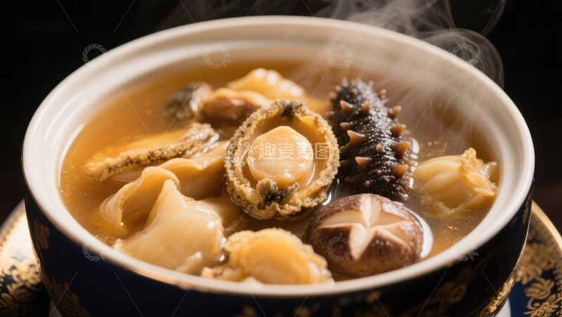 高清大图下载【趣麦麦图】鲍鱼海参炖汤，热气腾腾