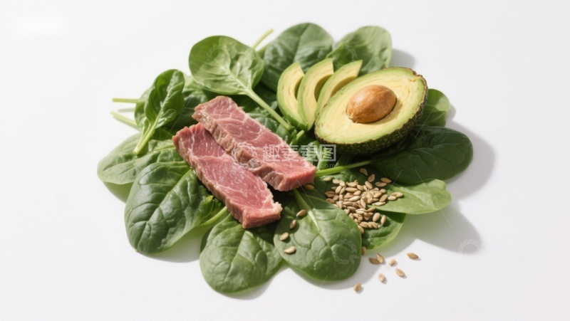 高清大图下载【趣麦麦图】牛排配牛油果与菠菜