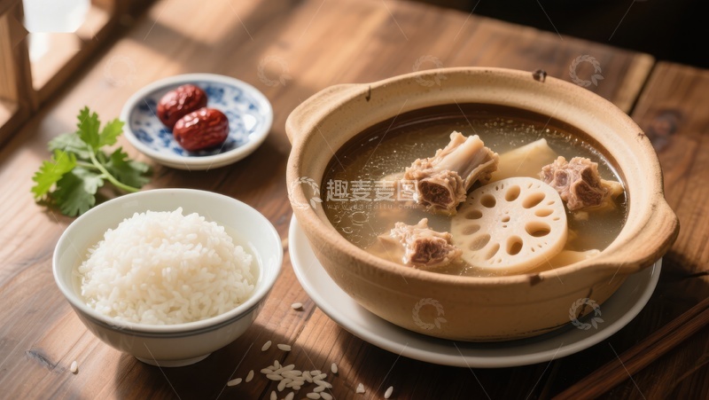 高清大图下载【趣麦麦图】莲藕排骨汤配白米饭