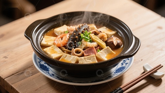 热气腾腾的海鲜豆腐煲