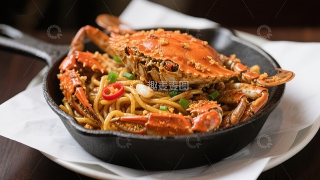 蟹肉炒面，铁锅盛装