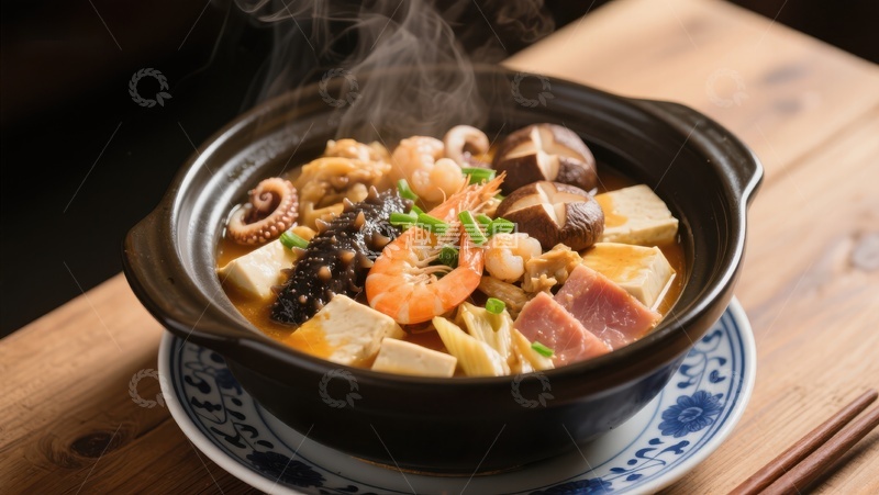 高清大图下载【趣麦麦图】海鲜豆腐煲，热气腾腾的美味佳肴