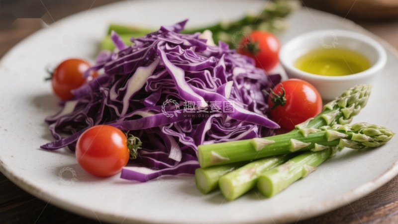 高清大图下载【趣麦麦图】紫甘蓝沙拉配芦笋樱桃番茄