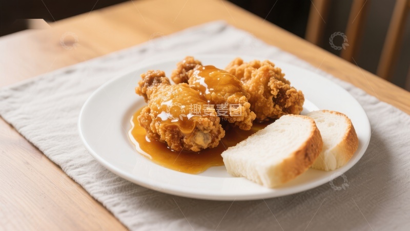 高清大图下载【趣麦麦图】炸鸡配面包，淋上酱汁