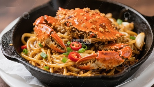铁锅蟹肉炒面美食特写