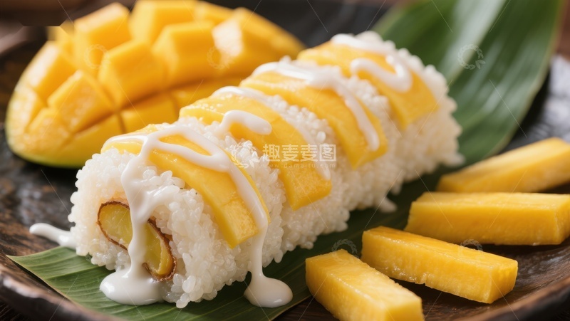 高清大图下载【趣麦麦图】芒果糯米饭卷配椰奶酱
