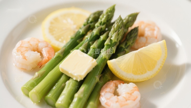 高清大图下载【趣麦麦图】虾仁芦笋配柠檬黄油