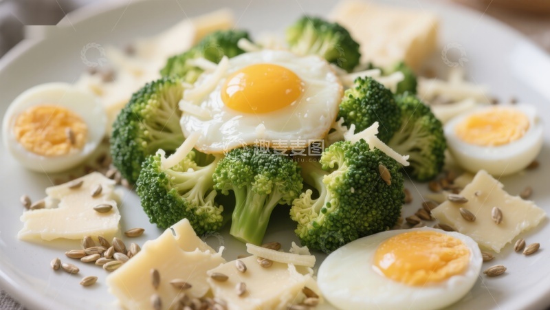高清大图下载【趣麦麦图】西兰花煎蛋沙拉配奶酪