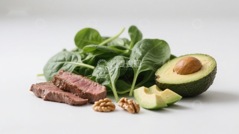 高清大图下载【趣麦麦图】牛排配牛油果与菠菜
