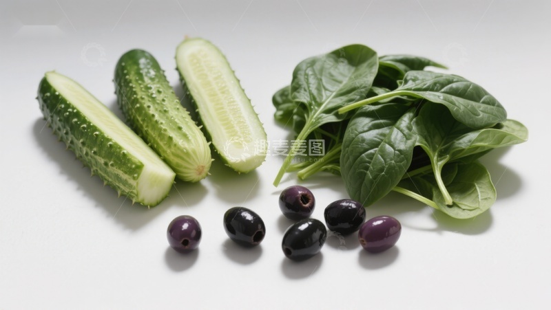 高清大图下载【趣麦麦图】黄瓜菠菜橄榄静物组合