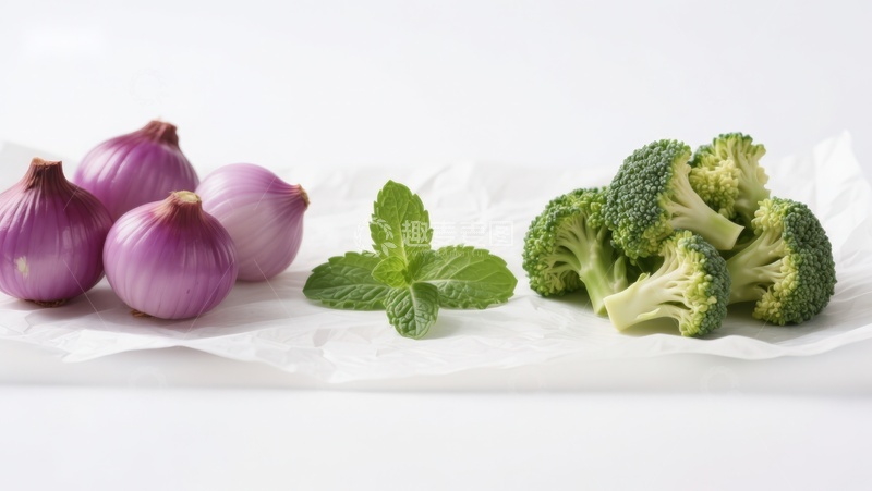 高清大图下载【趣麦麦图】洋葱、薄荷与西兰花静物