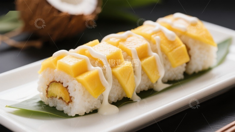 高清大图下载【趣麦麦图】-芒果寿司卷，搭配椰奶酱
