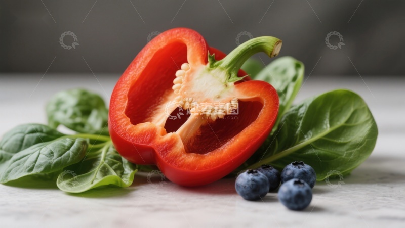 高清大图下载【趣麦麦图】红椒蓝莓与绿叶蔬菜静物