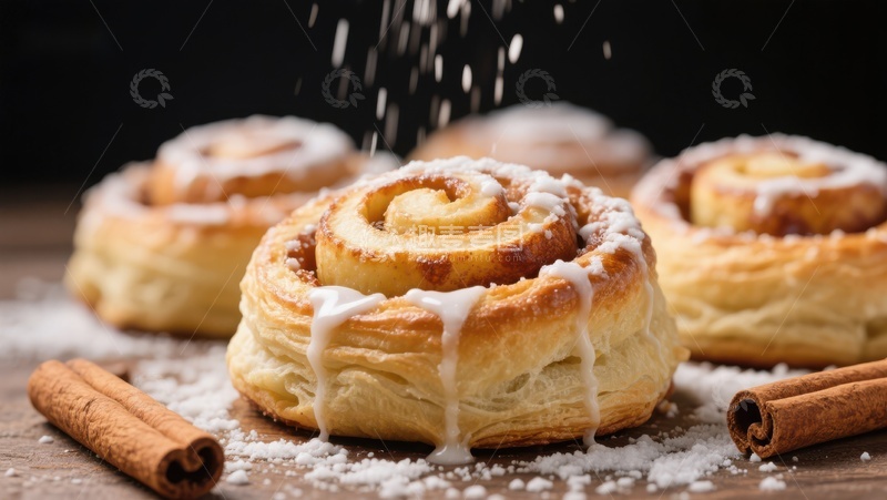 高清大图下载【趣麦麦图】新鲜出炉的肉桂卷撒上糖粉