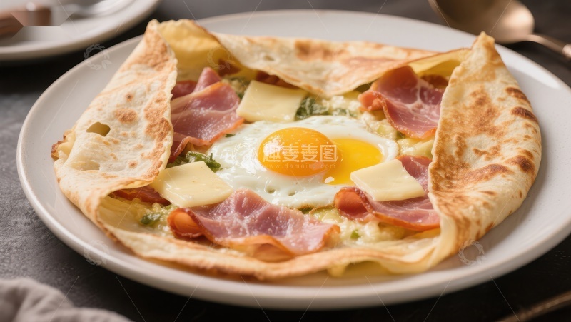 高清大图下载【趣麦麦图】煎饼配煎蛋和火腿