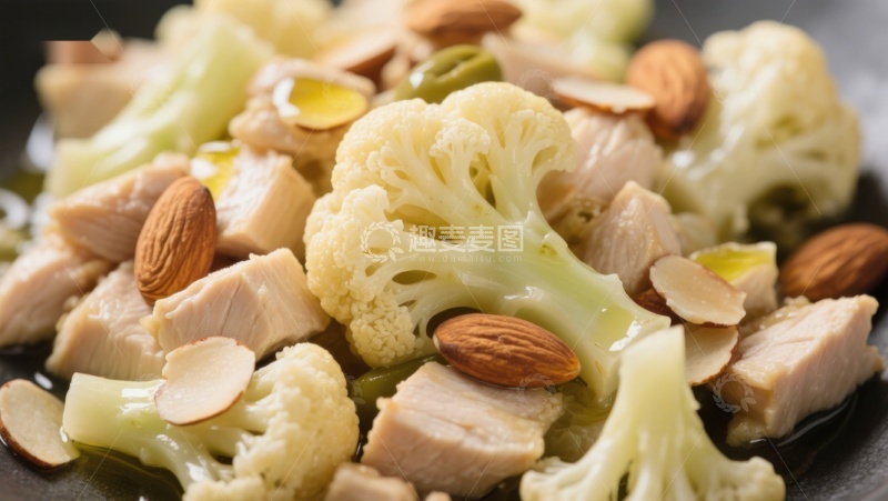 高清大图下载【趣麦麦图】花椰菜鸡丁杏仁炒菜