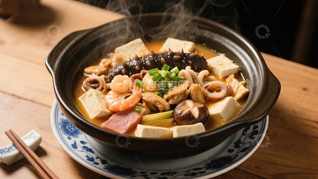 热气腾腾的海鲜豆腐煲