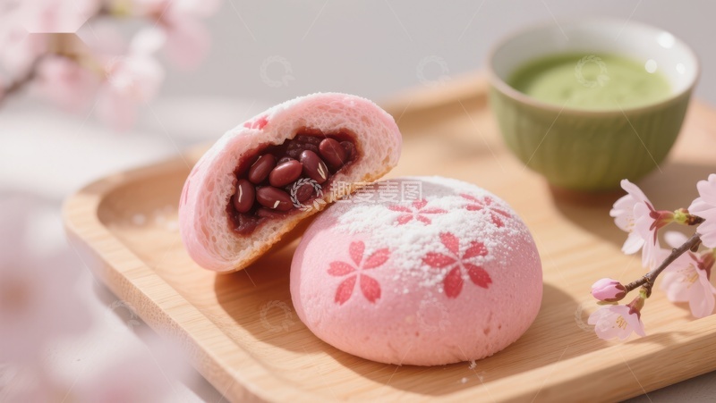 高清大图下载【趣麦麦图】樱花豆沙包与抹茶，春日美食