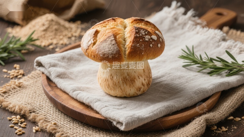 高清大图下载【趣麦麦图】新鲜出炉的面包置于木质托盘上