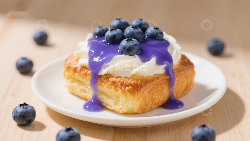 高清大图下载【趣麦麦图】蓝莓奶油面包，紫色糖霜点缀