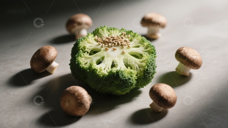 高清大图下载【趣麦麦图】西兰花与蘑菇静物摆拍