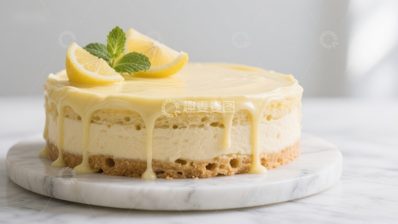 高清大图下载【趣麦麦图】柠檬芝士蛋糕，顶部装饰柠檬片和薄荷