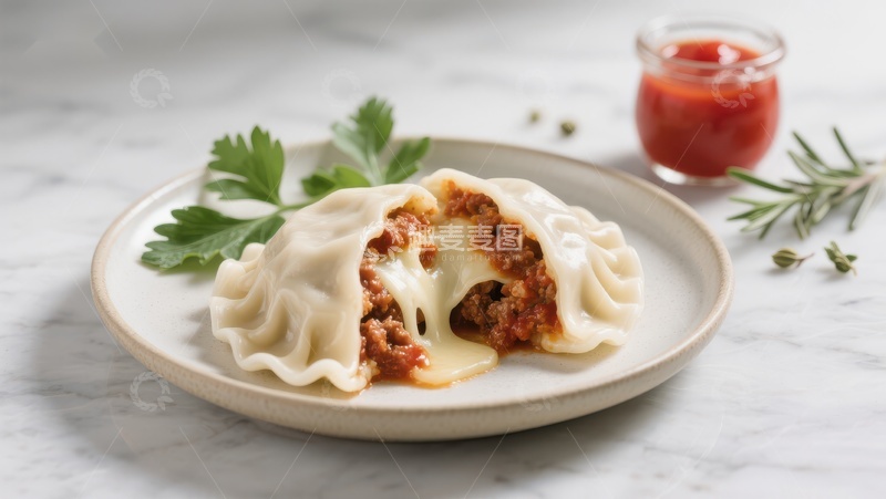 高清大图下载【趣麦麦图】奶油酱意式饺子配番茄酱