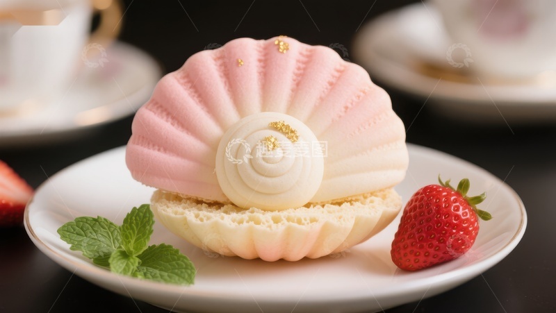 高清大图下载【趣麦麦图】贝壳造型甜点配草莓与薄荷
